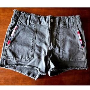 Sundry Anthropologie Green Army Shorts Frayed Denim Cargo Colored Pockets, Sz 29